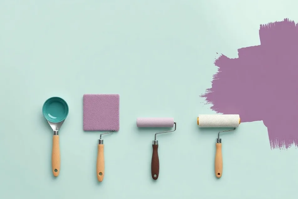 Outils de peinture disposés dans l'ordre des étapes du chantier