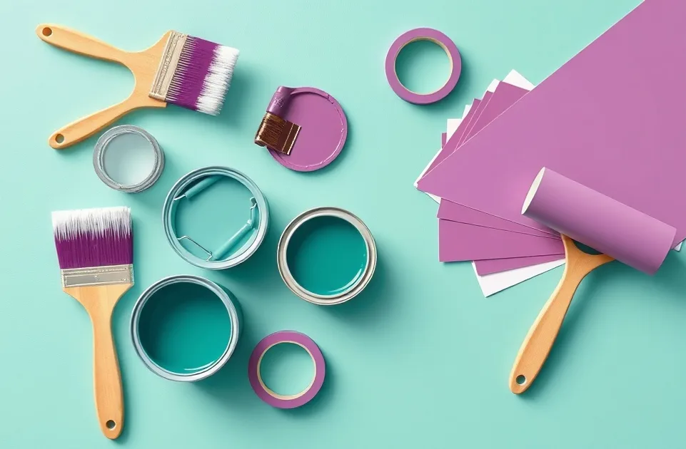 Pots de peinture, nuancier, brosses et rouleaux disposés à plat