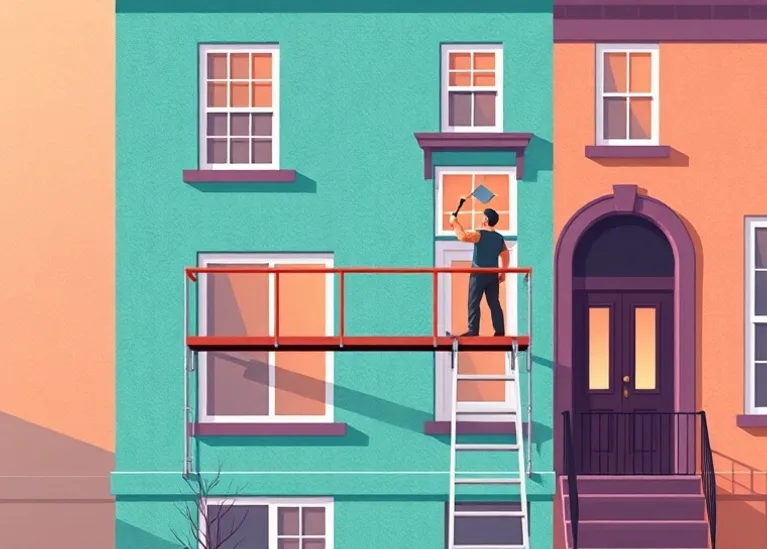Peintre sur échafaudage traitant la façade d'une maison